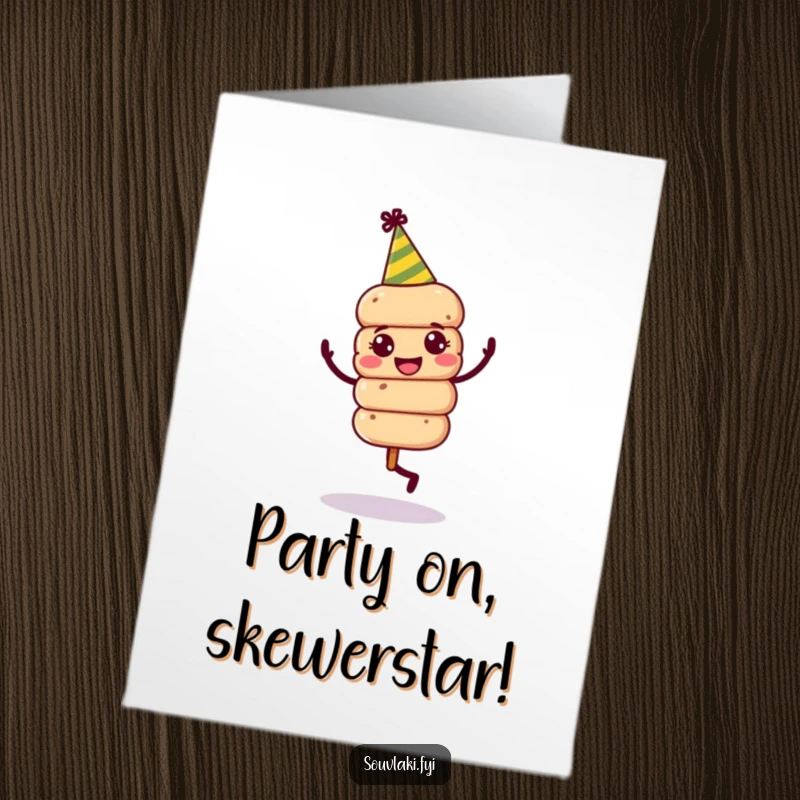 Funny Free Printable Birthday Card: Jovial souvlaki skewer in party hat dancing happily.