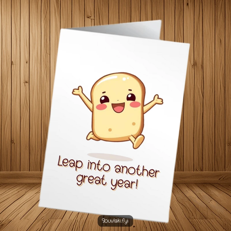 Funny Free Printable Birthday Card: Smiling pita bread character leaping joyfully, ready to celebrate your special day.