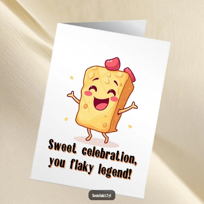 Funny free printable birthday card showcasing a smiling baklava piece doing an energetic flamenco dance.
