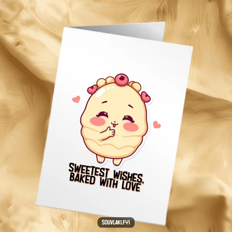 Funny Free Printable Baklava Birthday Card: A blushing dessert character attempts a sweet, cheeky kiss, ready for a fun celebration.
