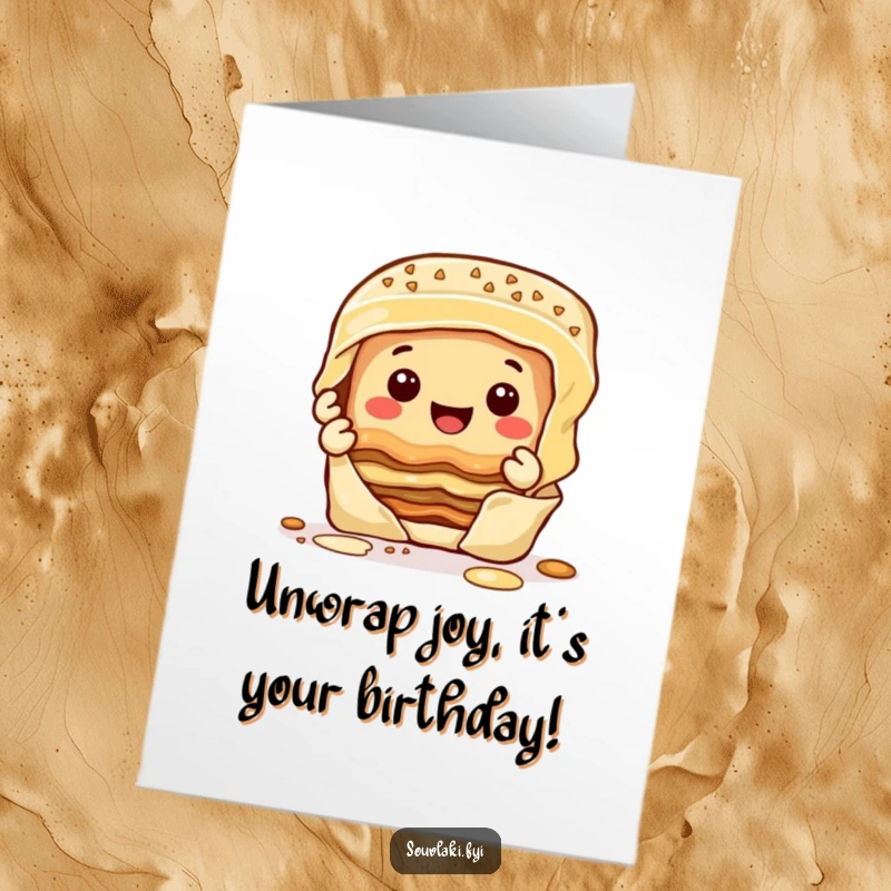 Funny free printable birthday card of a happy baklava character peeling off delicious layers with a wide smile, spreading sweet joy.