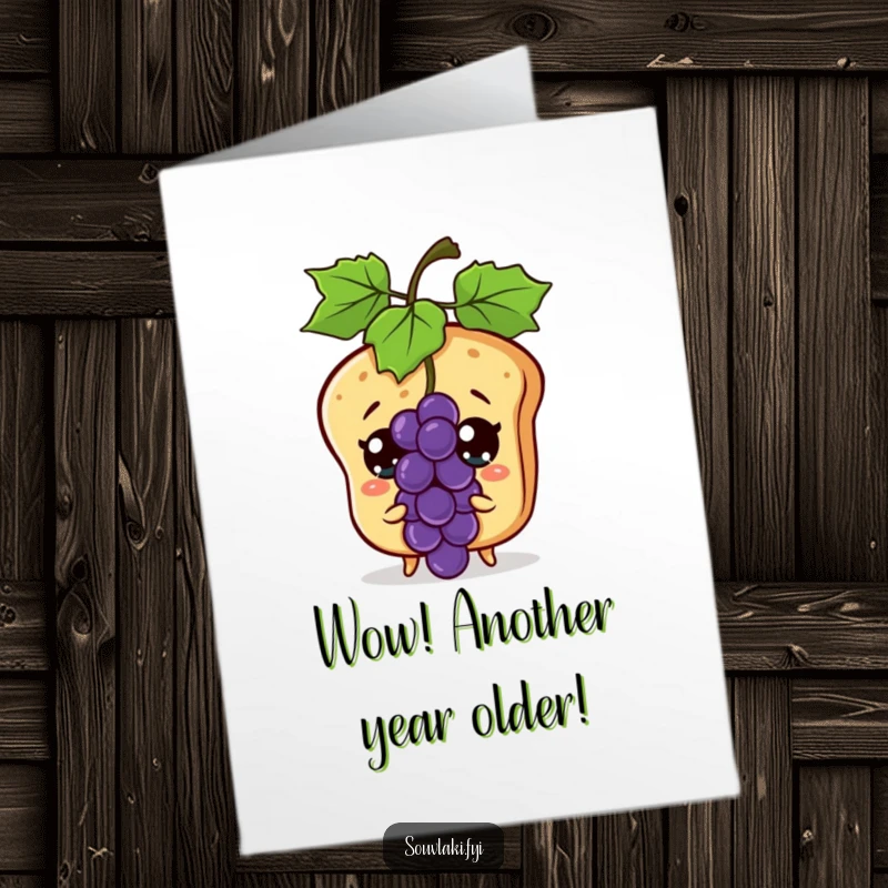 Funny free printable birthday card showing a surprised pita bread character with wide eyes reacting to a flying grape, capturing a moment of pure shock.