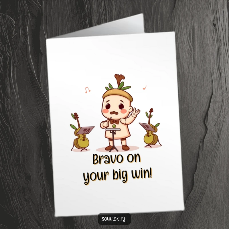Funny Free Printable Congratulations Card: a souvlaki skewer character joyfully conducting a band of tiny olive musicians.
