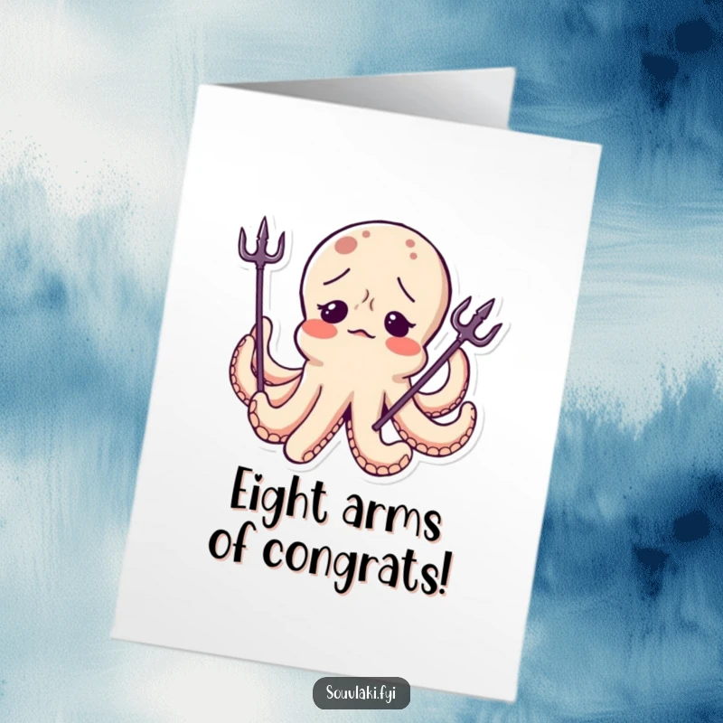 Funny Free Printable Congratulations Card: An octopus looking confused while wearing a small trident tilted to one side.