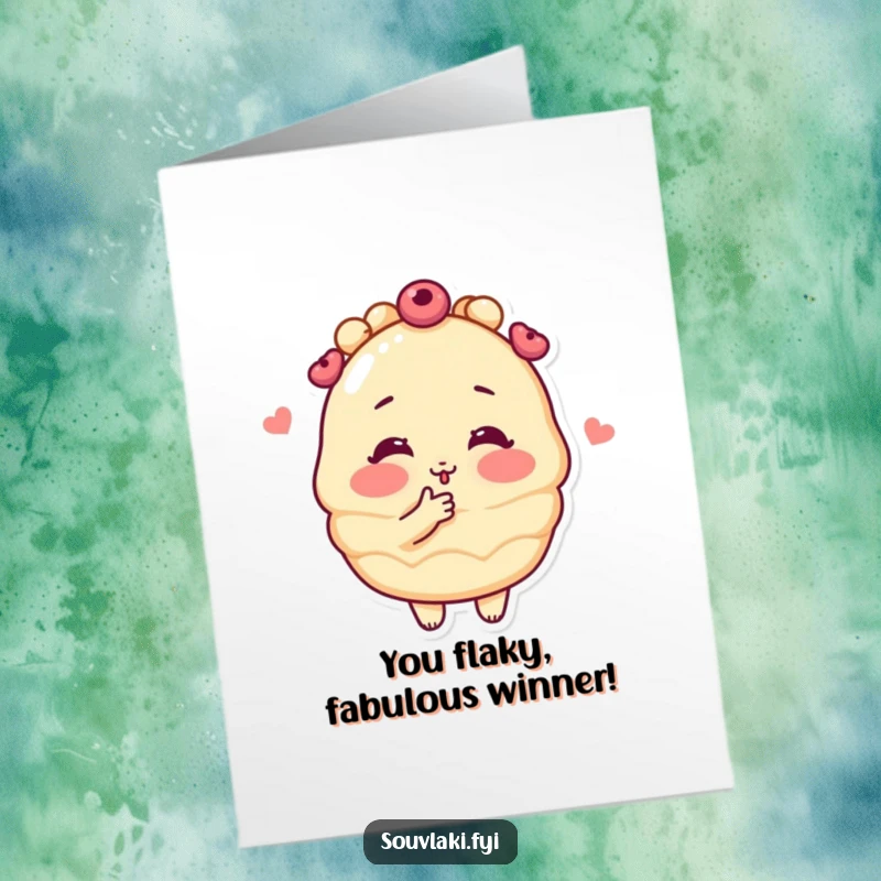 Funny Free Printable Baklava Congratulations Card: A blushing baklava character blows a kiss, celebrating a sweet victory.