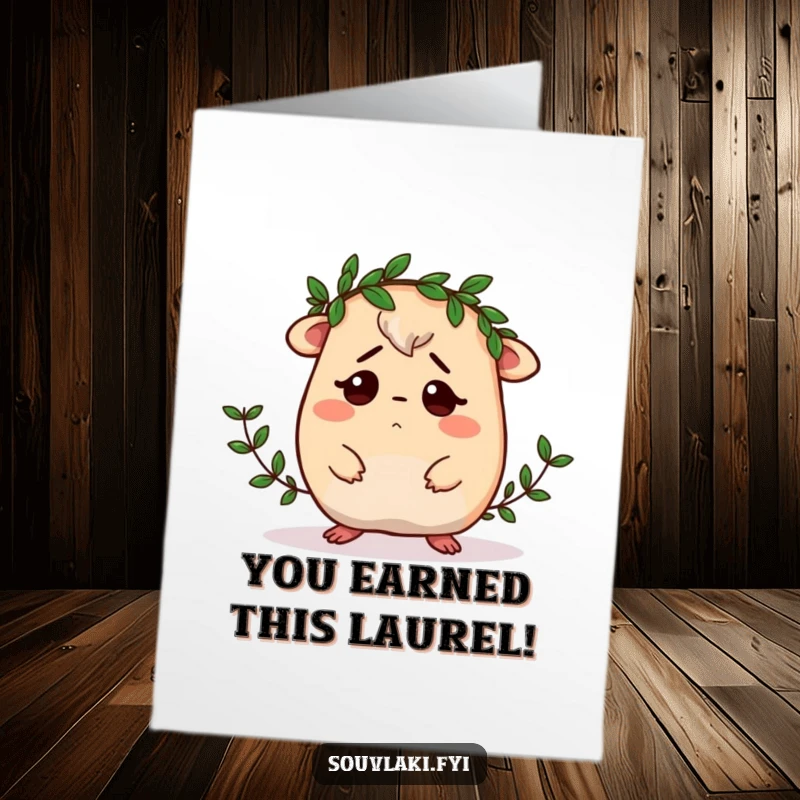 Funny Free Printable Congrats Card: Moussaka dons a tiny laurel wreath looking perplexed, a humorous downloadable greeting.