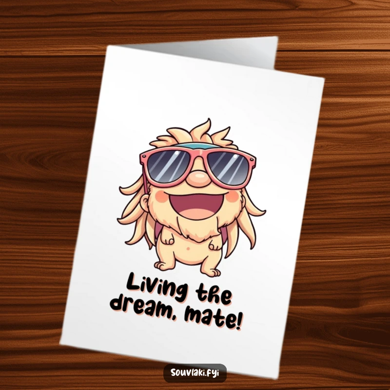 Funny Free Printable Congratulations Card: A souvlaki character sporting oversized sunglasses smiles brightly, basking in the sunny glow of success.