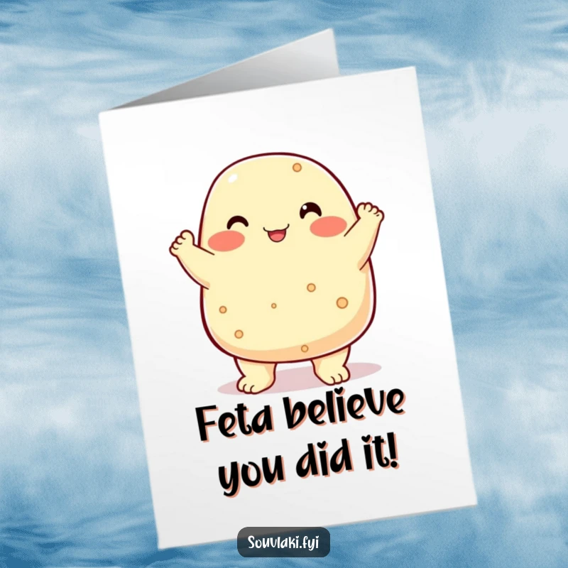 Funny Free Printable Congratulations Card: A proud feta cheese character does a triumphant chest bump, celebrating success.