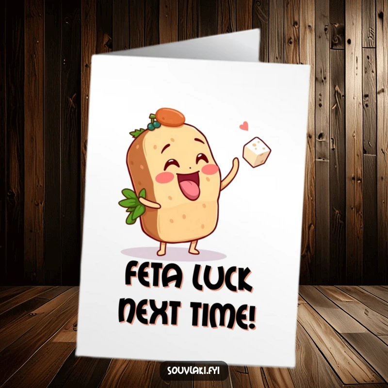 Funny Free Printable Congratulations Card: A souvlaki character tossing a feta cube, adding a fun element to congratulations.