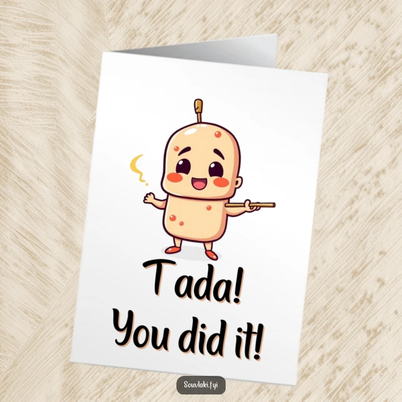 Funny Free Printable congratulations card: souvlaki character dramatically gesturing with its skewer, celebrating a major accomplishment.