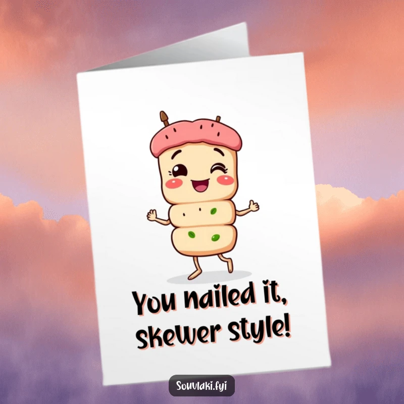 Funny Free Printable congratulations card: souvlaki skewer character strutting proudly, celebrating an achievement with flair.