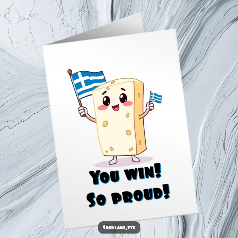 Funny Free Printable Congratulations Card: A proud feta cheese character stands tall with a small Greek flag, celebrating achievement.