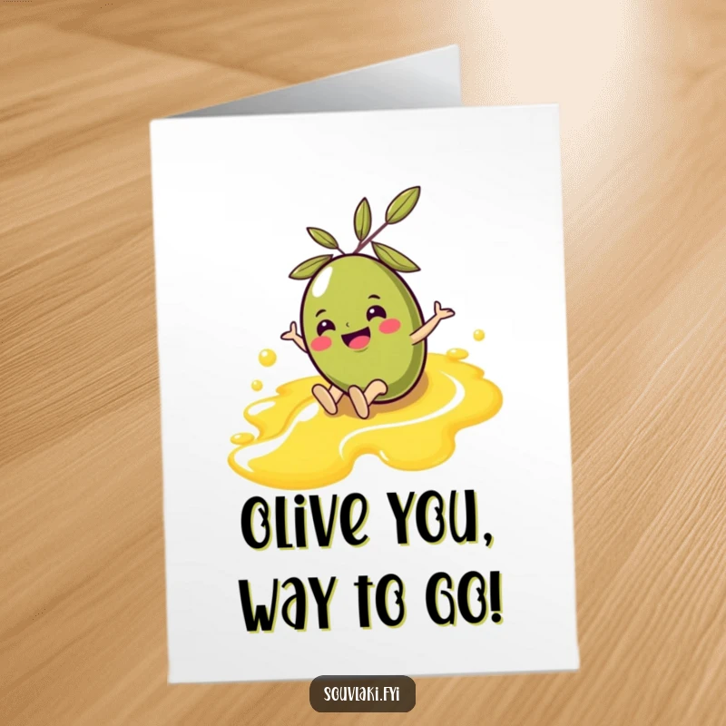 Funny Free Printable Congratulations Card: A cheerful olive character having a blast sliding down an olive oil stream.