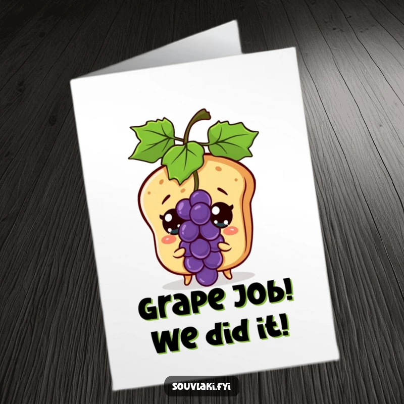 Funny free printable congratulations card of a surprised pita bread character looking shocked at a flying grape, perfect for unexpected achievements.