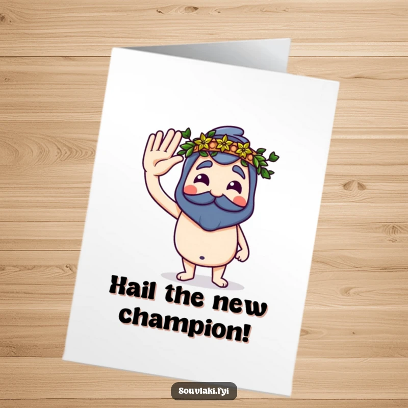 Funny Free Printable Congratulations Card: Souvlaki character proudly saluting, a tiny laurel wreath signifying a grand win.