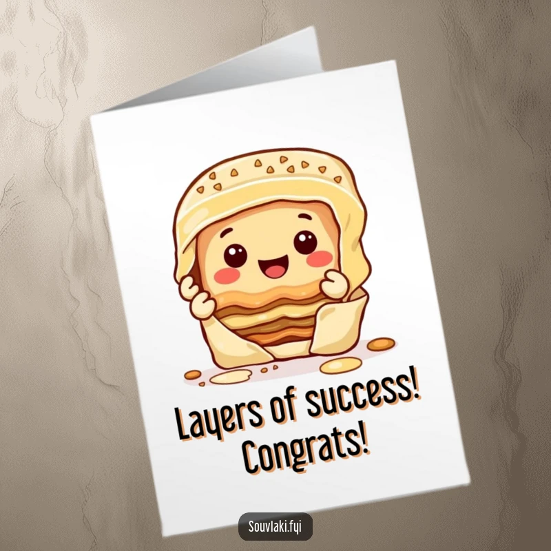 Funny free printable congratulations card showing a smiling baklava character peeling off layers, a sweet symbol of achievement.