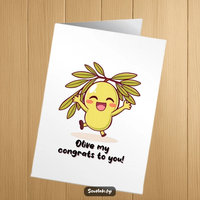 Funny Free Printable Congratulations Card: A delighted olive character does a joyful spin, celebrating an accomplishment.