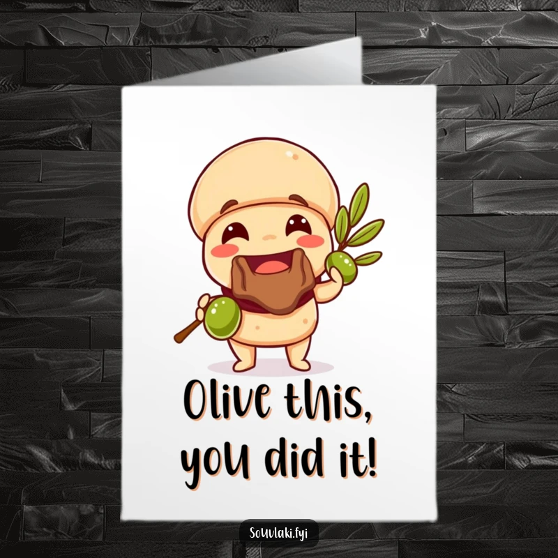 Funny Free Printable Congratulations Card: Souvlaki character offering an olive branch with a joyful, peace-making smile.
