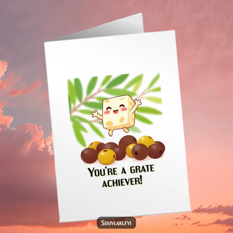 Funny free printable congratulations card showing a feta cheese cube leaping over olives with excitement.