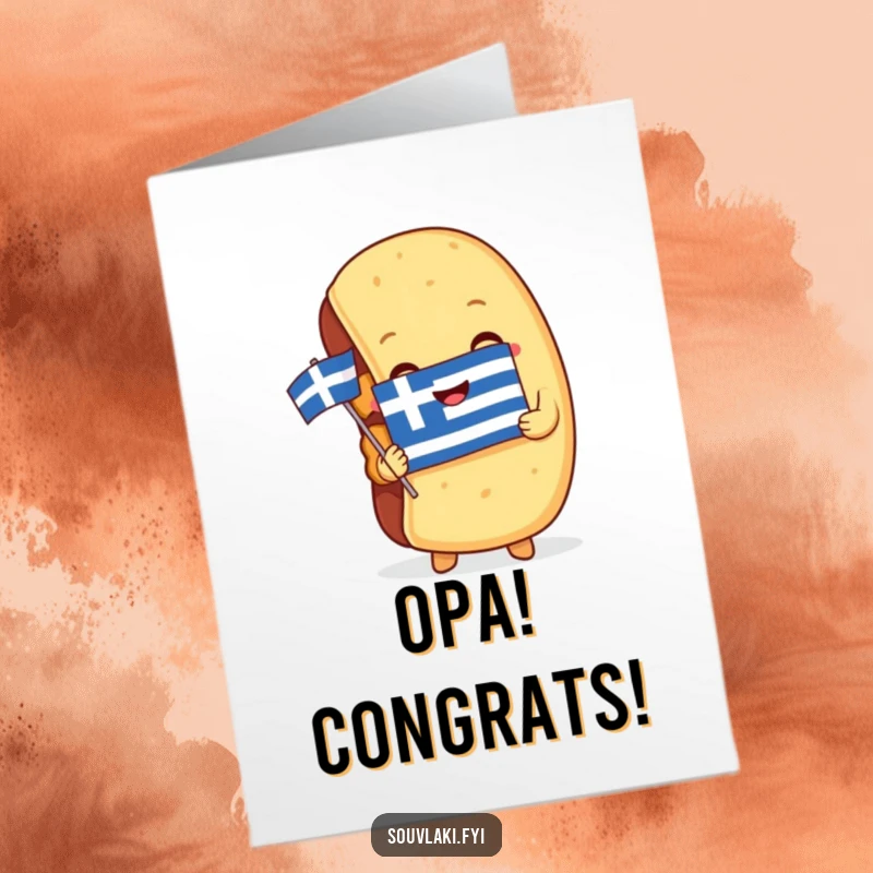 Funny Free Printable Congratulations Card: A souvlaki character joyfully embracing a Greek flag, celebrating an achievement.