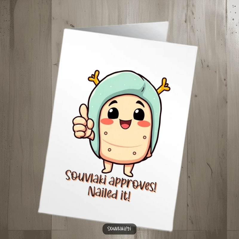Funny free printable congratulations card: A delighted souvlaki character giving a thumbs up, approving of an achievement with joy.