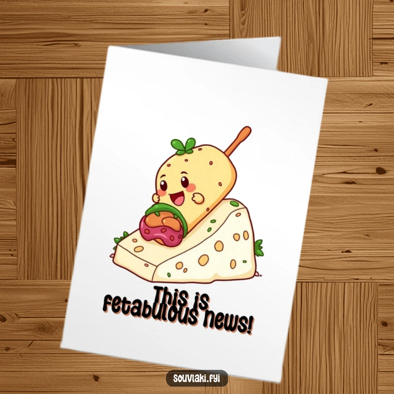 Funny Free Printable Congratulations Card: Giddy souvlaki character sliding with abandon down a slope made of feta cheese.