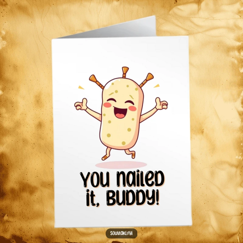 Funny free printable congratulations card showing a winking souvlaki dancing triumphantly, celebrating success.