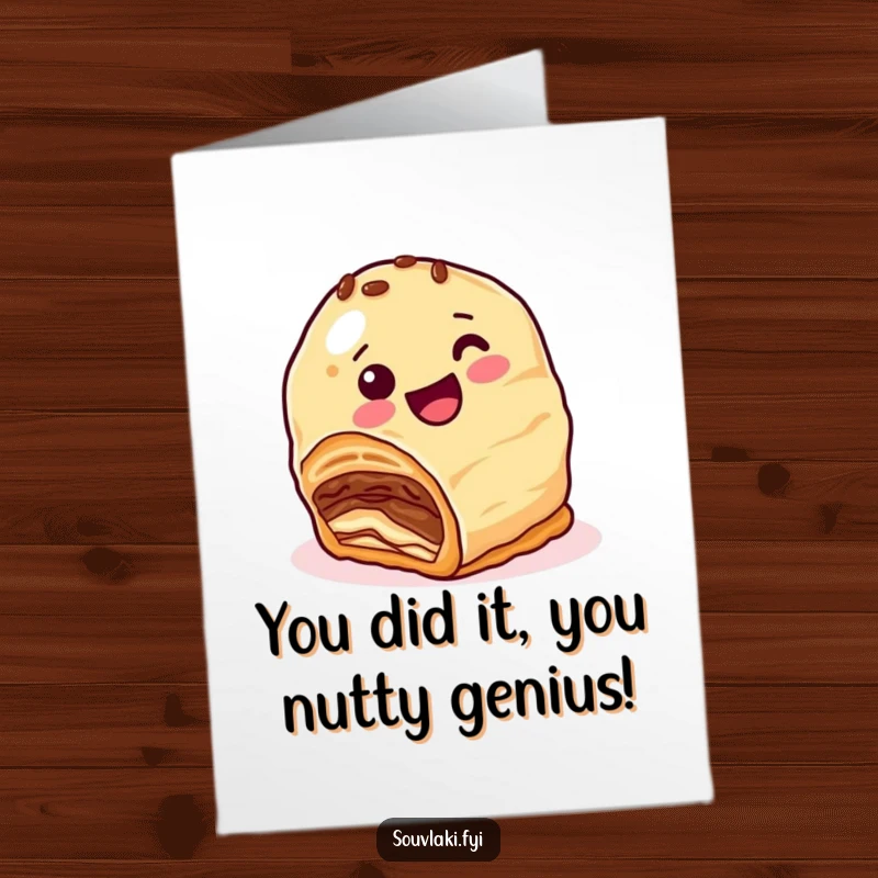 Funny Free Printable Congratulations Card: A happy baklava character joyfully rolls downhill, celebrating your success.