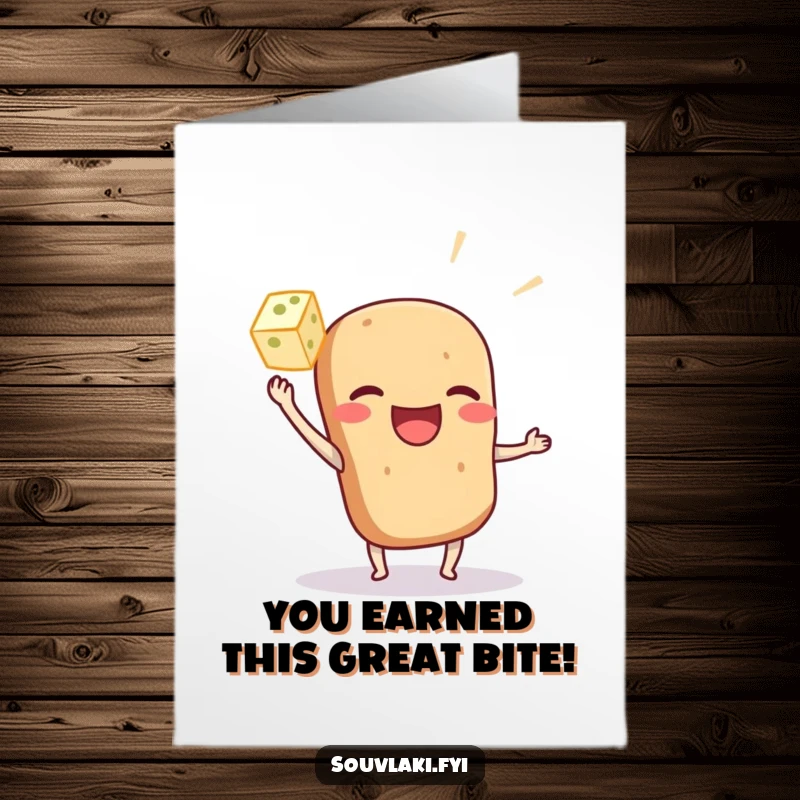 Funny Free Printable Congratulations Card: A happy souvlaki character gleefully tossing a small feta cube in celebration.