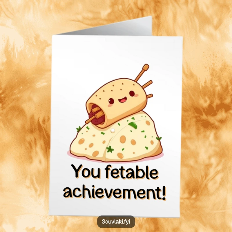 Funny free printable congratulations card with a giddy souvlaki joyfully sliding down a feta cheese hill.