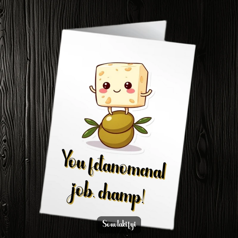 Funny Free Printable Congratulations Card: Cheerful feta cheese cube balancing on an olive, celebrating your great success.