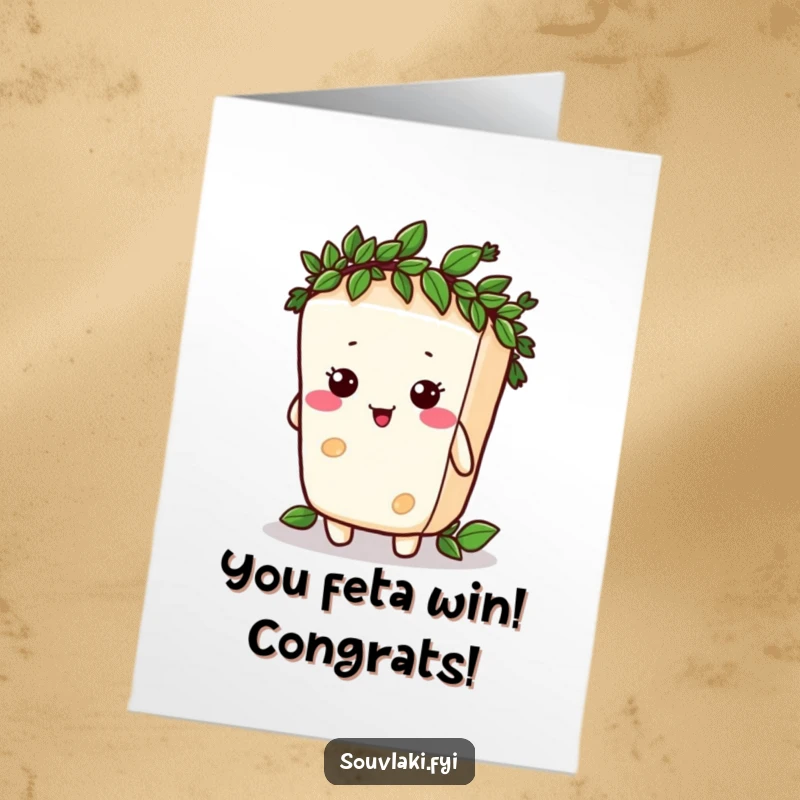 Funny Free Printable Congratulations Card: Silly feta cheese character comically attempting to wear a laurel wreath, celebrating a win.