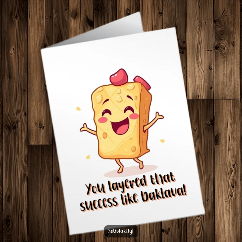 Funny free printable congratulations card featuring a baklava piece performing an excited flamenco dance.