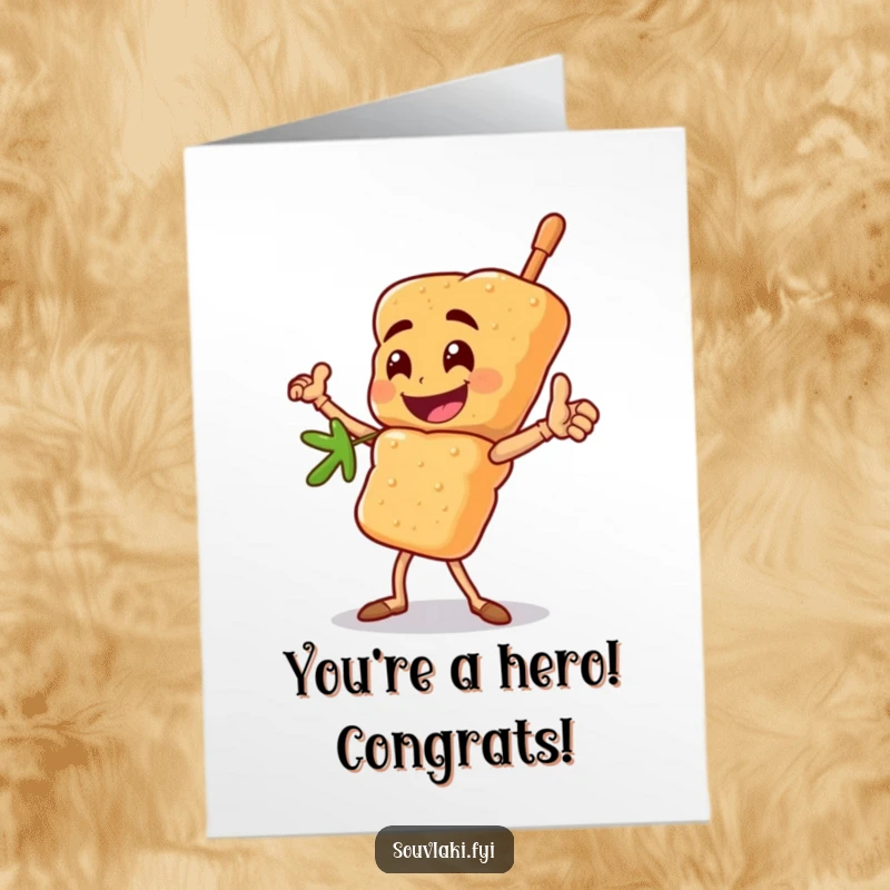 Funny Free Printable Congratulations Card: Heroic Souvlaki Skewer Character Striking a Valiant, Strong Pose