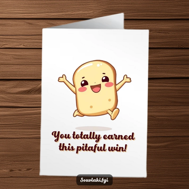 Funny Free Printable Congratulations Card: Smiling pita bread character leaping joyfully, celebrating your amazing accomplishment.