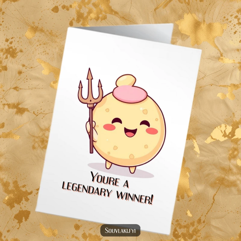 Funny Free Printable congratulations card featuring a triumphant fried pastry character wielding a trident, celebrating a major win.
