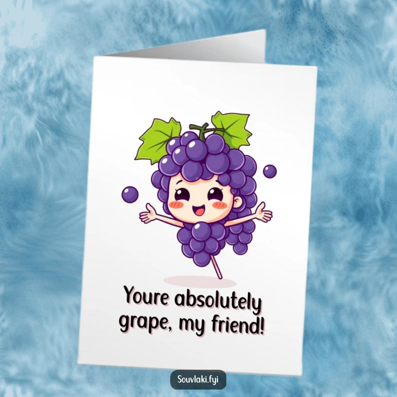 Funny Free Printable Congratulations Card: Playful grape bunch character juggling grapes, celebrating your impressive accomplishment.