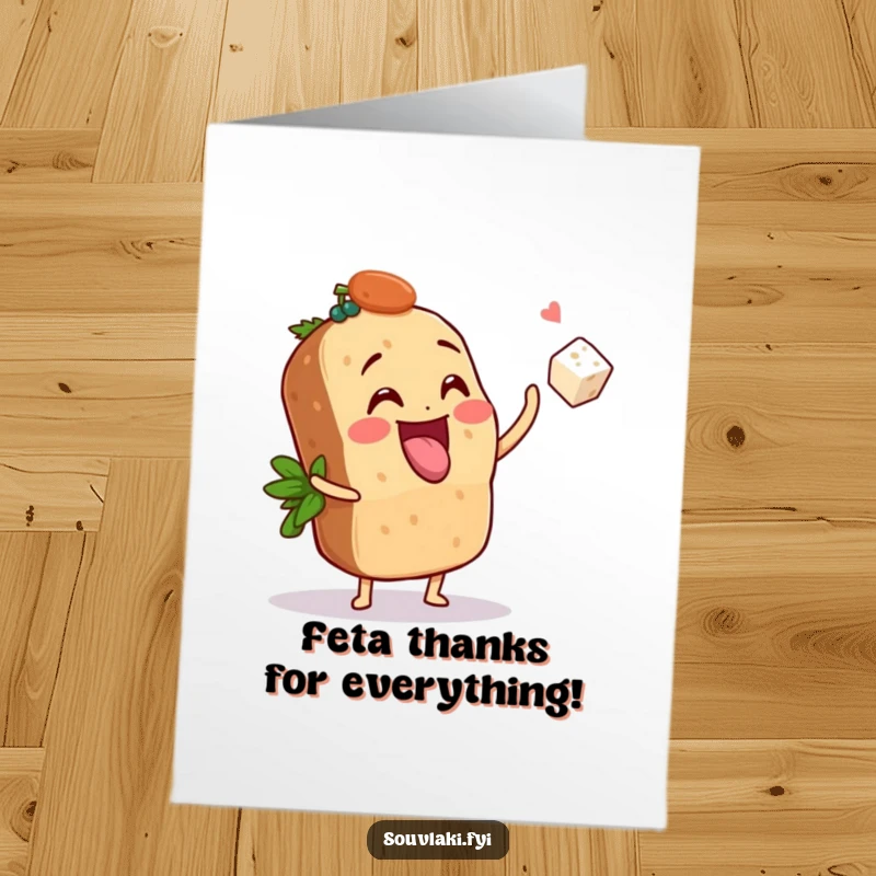 Funny Free Printable Thank You Card: A joyful souvlaki character playfully tossing a feta cube, conveying a fun thank you.