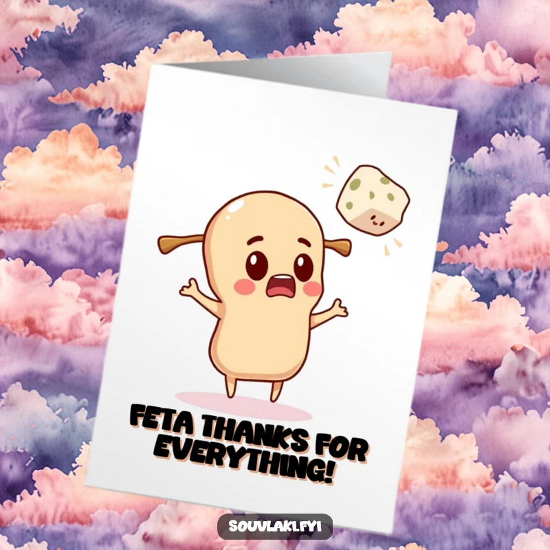 Funny Free Printable Thank You Card: A souvlaki character looks comically surprised as a feta cube flies towards them.