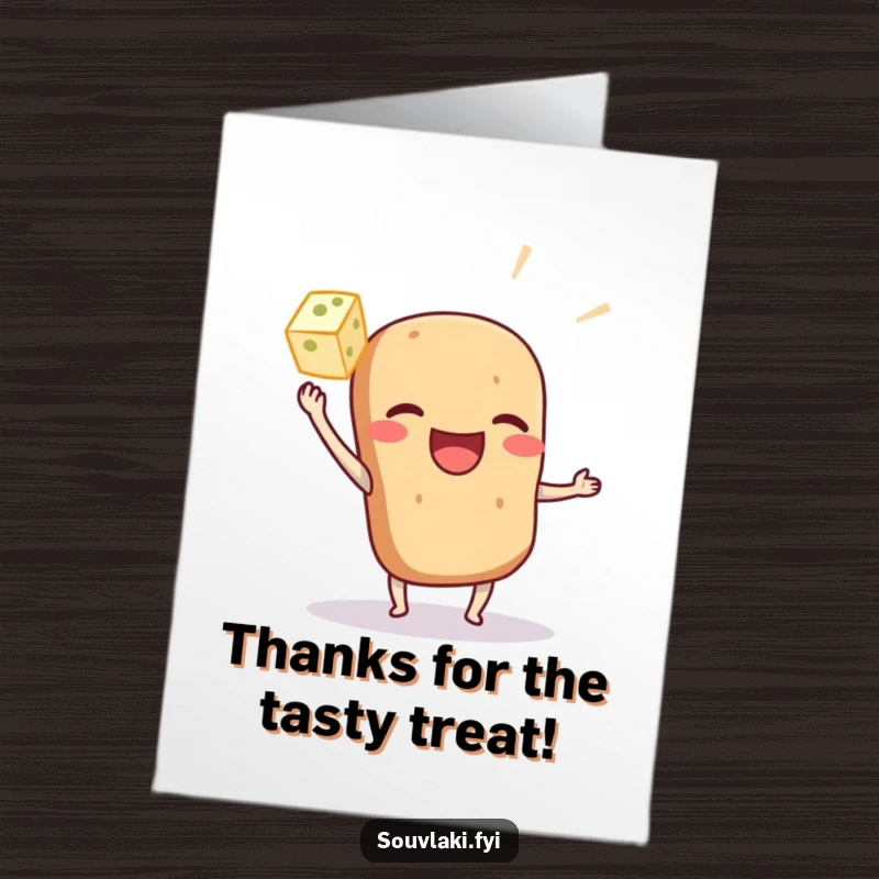 Funny Free Printable Thank You Card: A joyful souvlaki character tossing a tiny feta cube with a thankful grin.