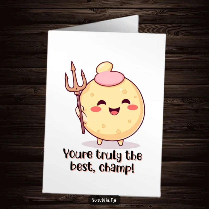 Funny Free Printable thank you card of a smiling fried pastry character holding a trident, expressing divine appreciation.