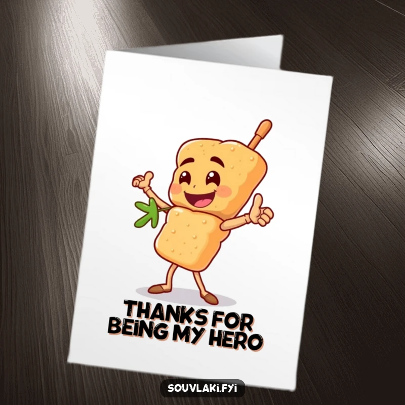 Funny Free Printable Thank You Card: Heroic Souvlaki Skewer Character Posing with Gratitude