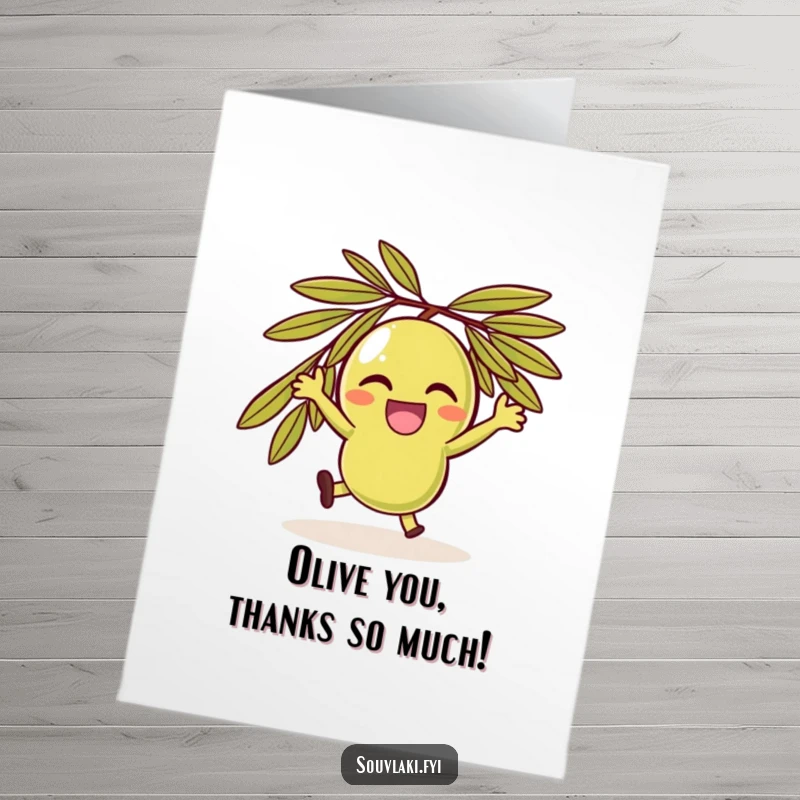 Funny Free Printable Thank You Card: A delighted olive character spins joyfully, conveying thanks.