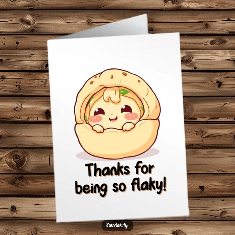 Funny Free Printable Thank You Card: Giggling spanakopita character comically peeking from a puff pastry shell, saying thank you.