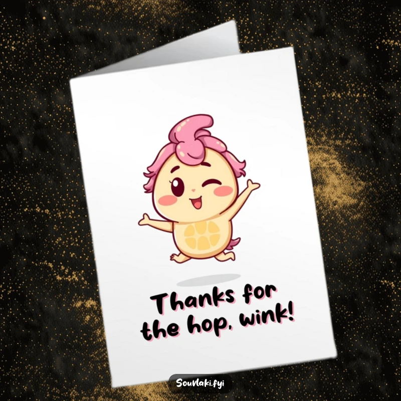 Funny Free Printable thank you card: souvlaki character winking and doing a playful hop, conveying thanks with a smile.