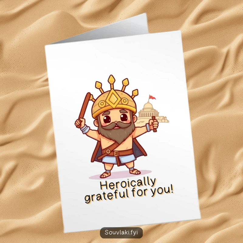Funny Free Printable Thank You Card: A proud souvlaki stands heroically before a temple, sending a monumental thank you.