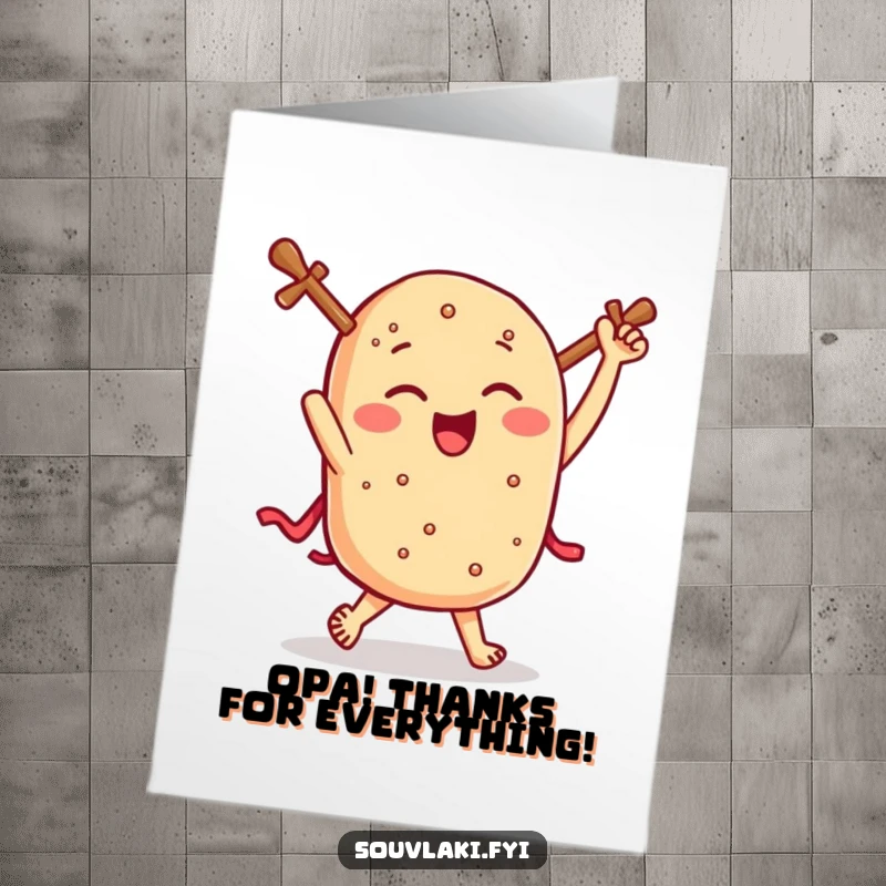 Funny Free Printable Thank You Card: A winking souvlaki performs a triumphant jig, sending a humorous thank you instantly.