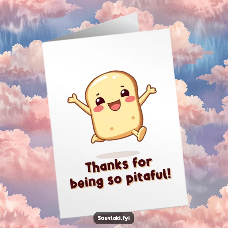 Funny Free Printable Thank You Card: Smiling pita bread character leaping joyfully, sending thanks with delight.