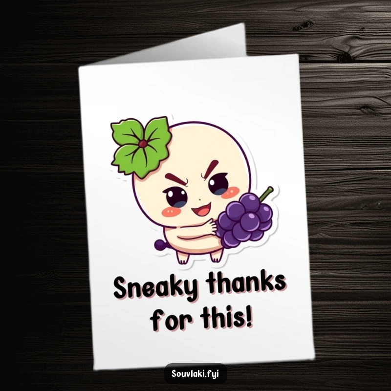 Funny Free Printable Thank You Card: A souvlaki character with a sly smile is caught in the act of sneaking a grape.