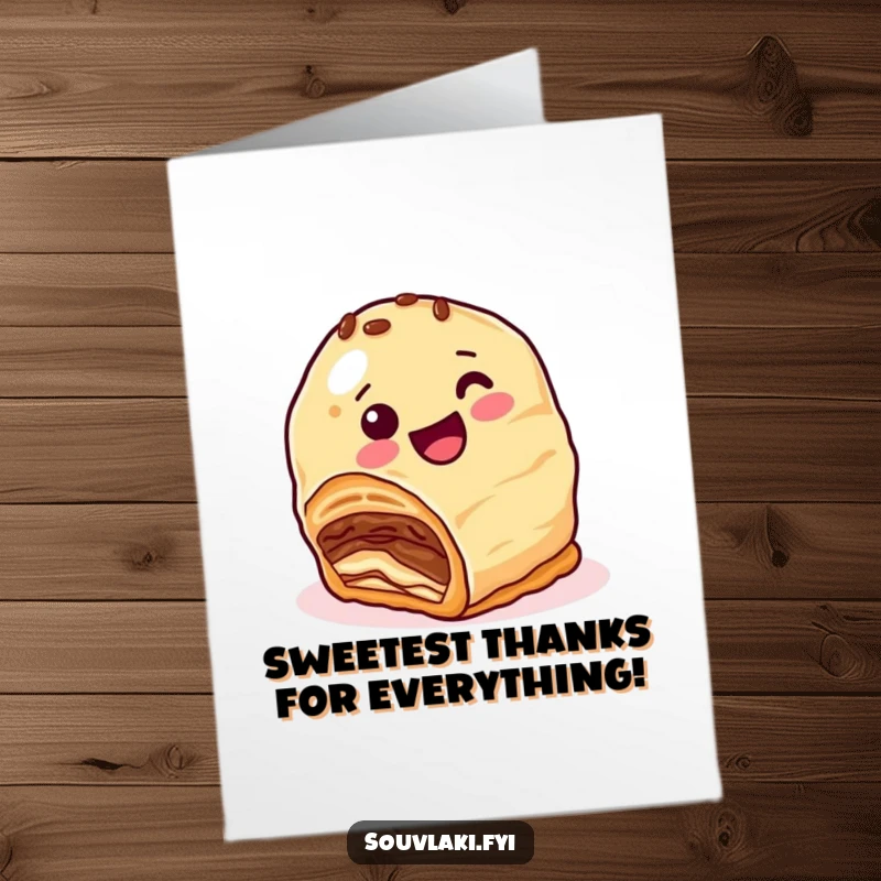 Funny Free Printable Thank You Card: A happy baklava character rolls downhill, delivering nutty, sweet thanks.